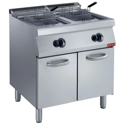 Friteuse gaz 2 cuves en “Y” 2x 15 litres, brûleurs extérieurs, sur armoire